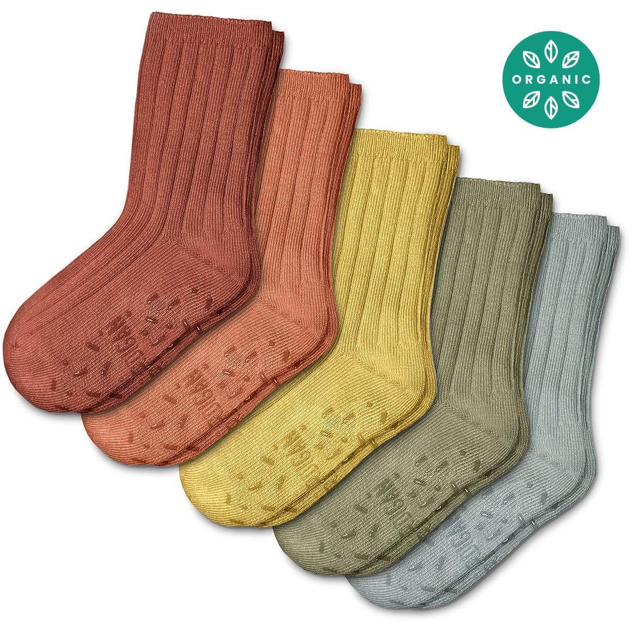 Foot Cardigan Kids Organic Cotton Socks 5-Pack - Earth Tones, Soft, Non-Slip Grips