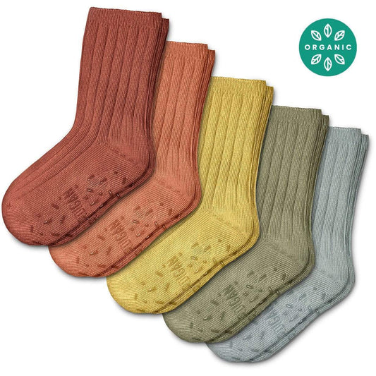 Foot Cardigan Kids Organic Cotton Socks 5-Pack - Earth Tones, Soft, Non-Slip Grips